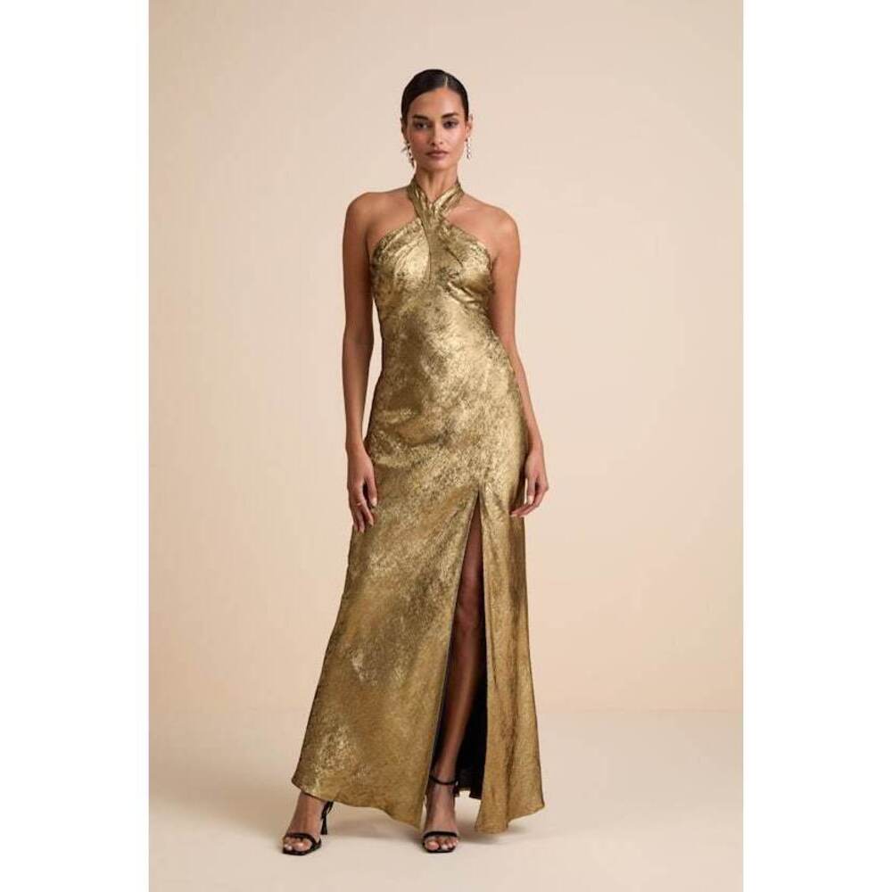 NWT Lulus Knoxley Shiny Gold Lurex Cross-front Halter Maxi Dress - Size XS